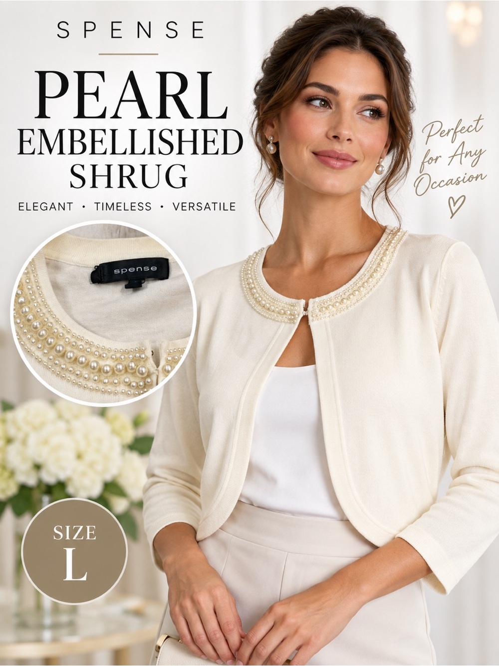 Spense Pearl Beaded Cardigan Shrug Bolero Cream Ivory Size L